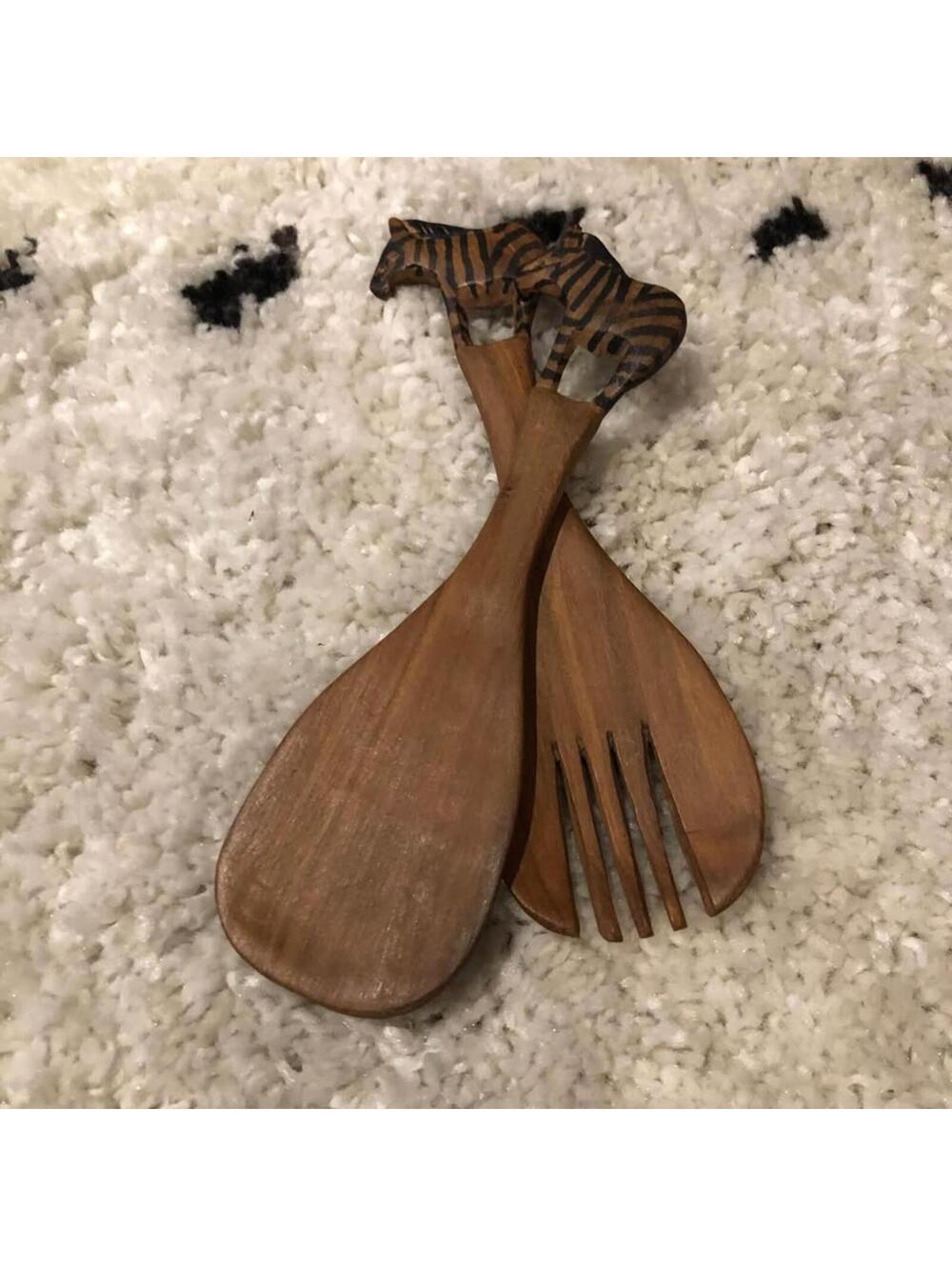 Hand Carved Wooden Zebra Salad Servers Set 2 Piece Safari Kitchen Decor Brown